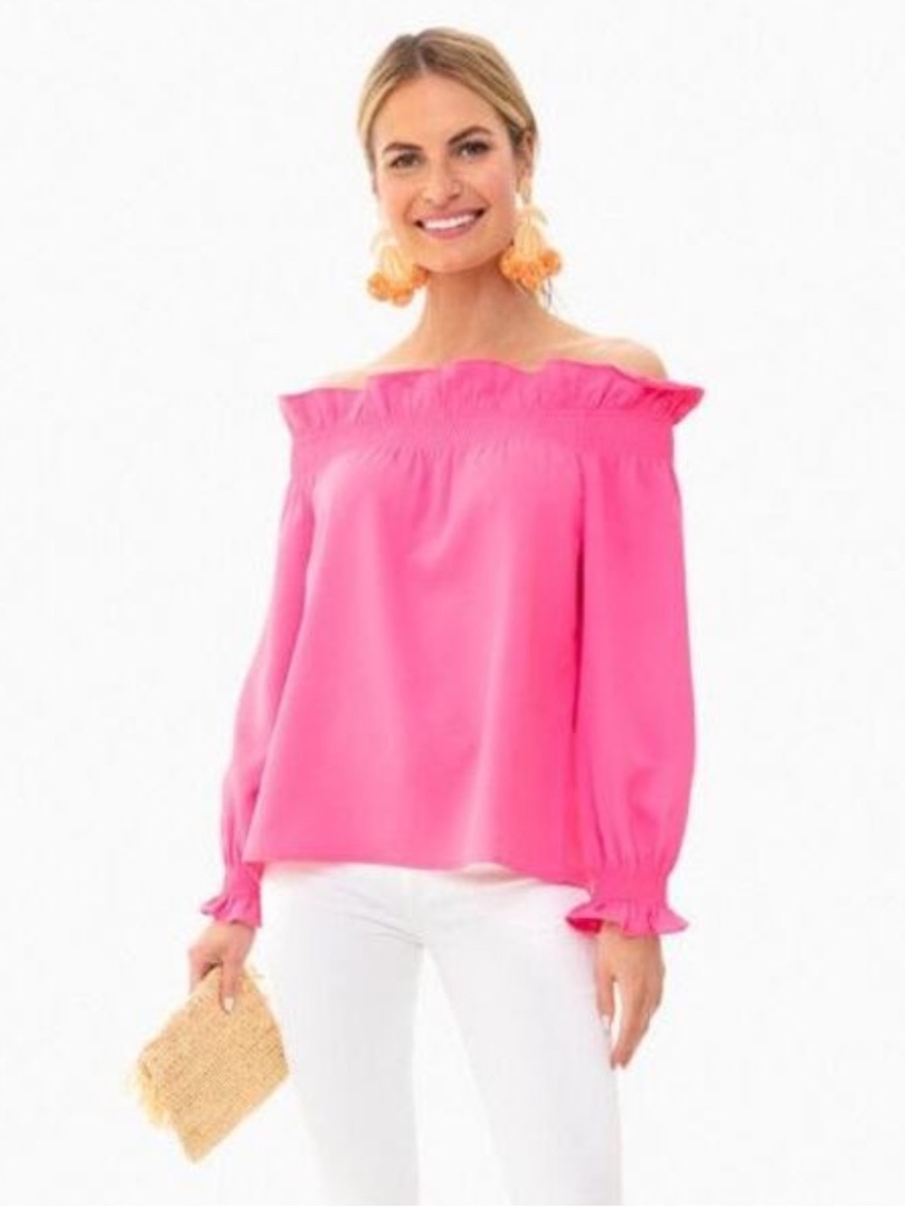 Tuckernuck Hot Pink Off-Shoulder Long Sleeve Ruffle Marguerite Top Sz. S